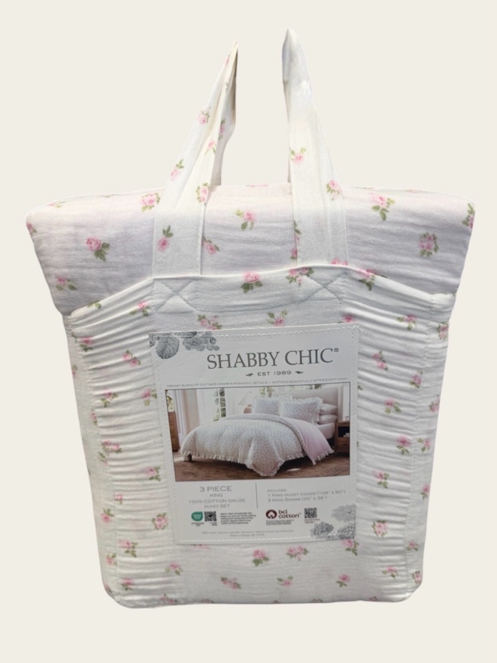 Shabby Chic Pink 3 PC King Gauze Duvet Set Pink Rose with Ruffles ~ Matching Bag